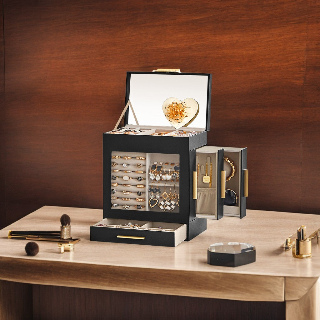 5-Layer Jewelry Organizer with Glass Display & 3 Modular Drawers, Hanging Storage System with Full Mirror, Modern Jewelry Case, Ink Black and Metallic Gold