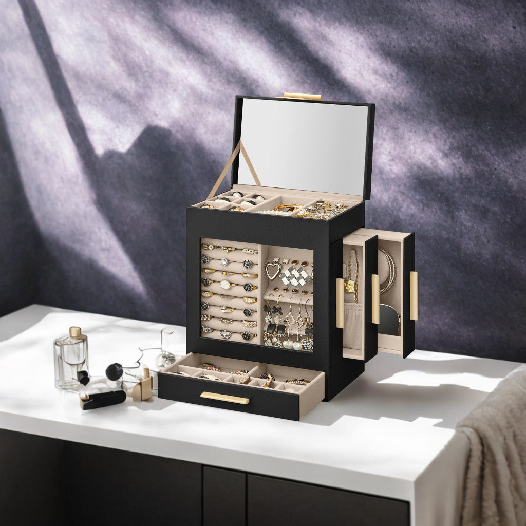 5-Layer Jewelry Organizer with Glass Display & 3 Modular Drawers, Hanging Storage System with Full Mirror, Modern Jewelry Case, Ink Black and Metallic Gold