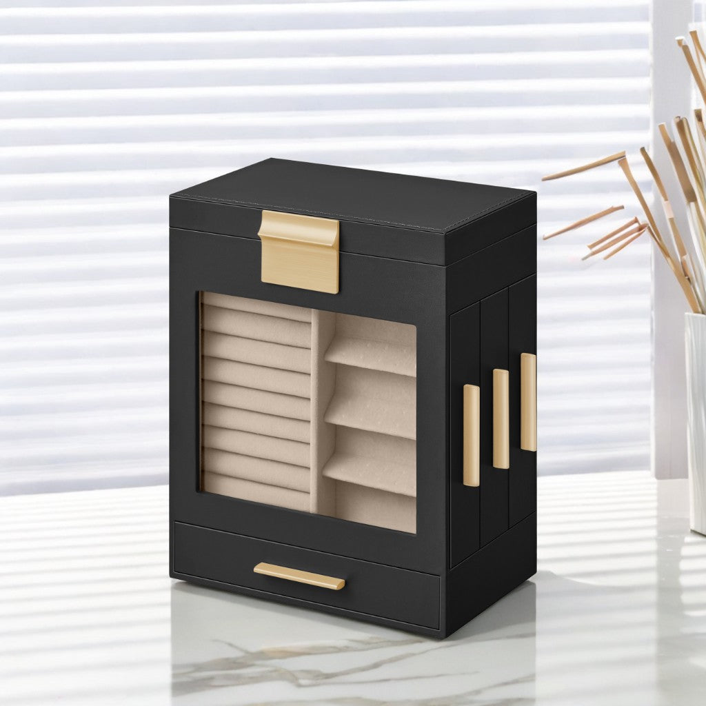 5-Layer Jewelry Organizer with Glass Display & 3 Modular Drawers, Hanging Storage System with Full Mirror, Modern Jewelry Case, Ink Black and Metallic Gold