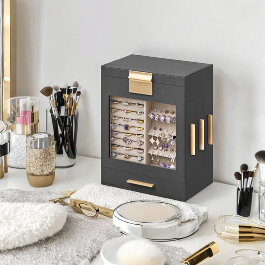 5-Tier Modular Jewelry Organizer with Glass Display & 3 Drawers, Hanging Storage System with Full Mirror, Slate Gray and Metallic Gold