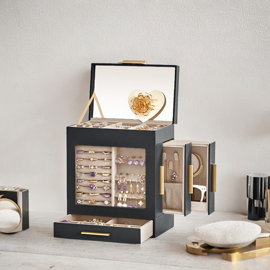 5-Tier Modular Jewelry Organizer with Glass Display & 3 Drawers, Hanging Storage System with Full Mirror, Slate Gray and Metallic Gold