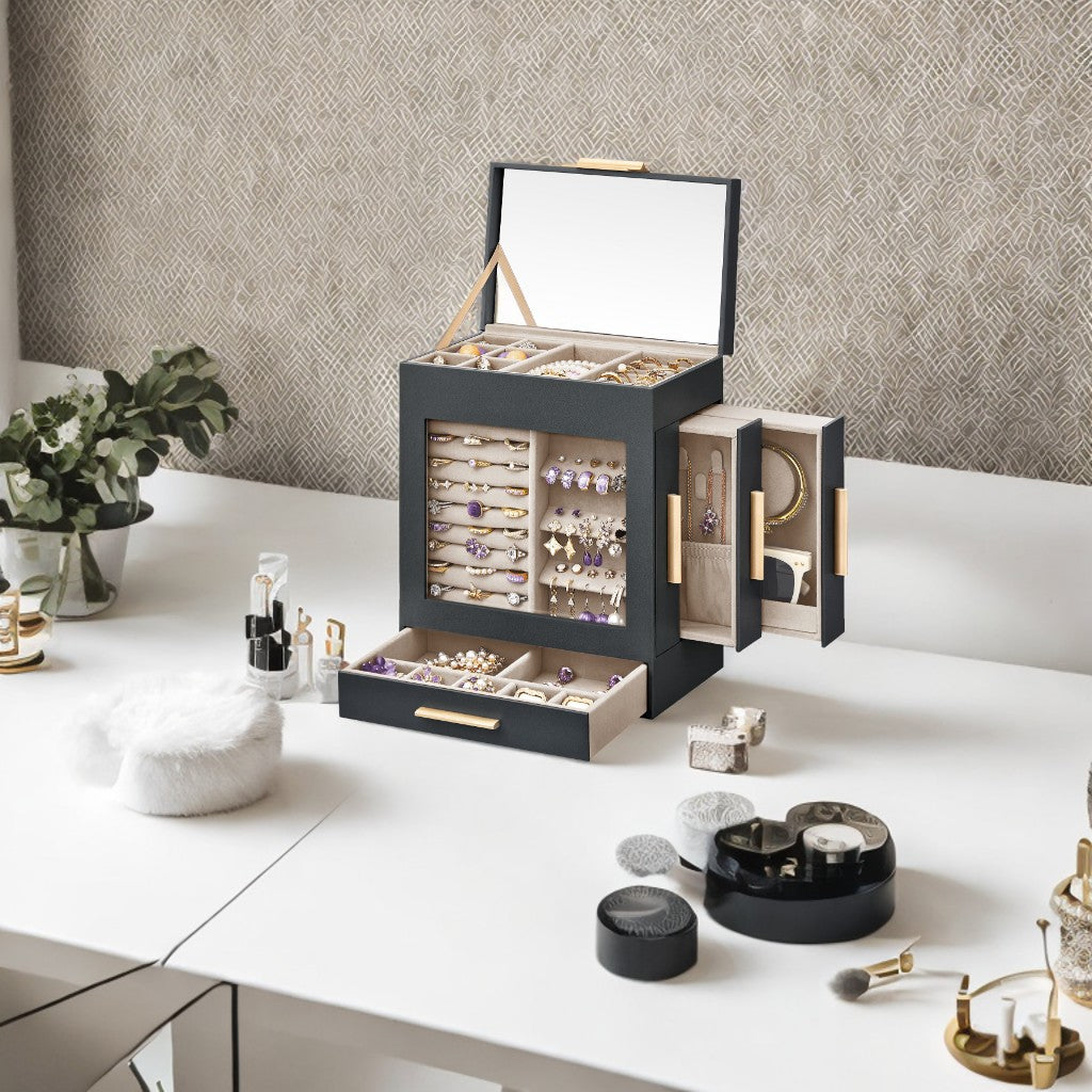 5-Tier Modular Jewelry Organizer with Glass Display & 3 Drawers, Hanging Storage System with Full Mirror, Slate Gray and Metallic Gold