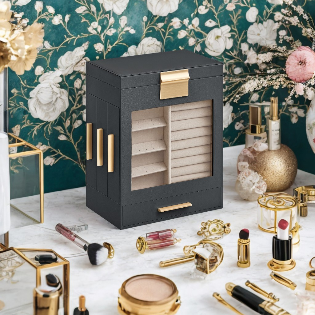 5-Tier Modular Jewelry Organizer with Glass Display & 3 Drawers, Hanging Storage System with Full Mirror, Slate Gray and Metallic Gold