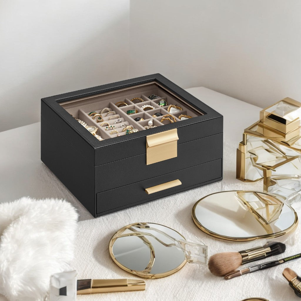 2-Tier Jewelry Organizer with Glass Lid & Drawer, Modern Velvet-Lined Storage Box for Dresser/Vanity, Graphite Black and Gold Color