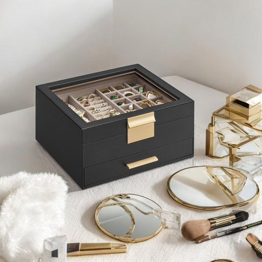 2-Tier Jewelry Organizer with Glass Lid & Drawer, Modern Velvet-Lined Storage Box for Dresser/Vanity, Graphite Black and Gold Color