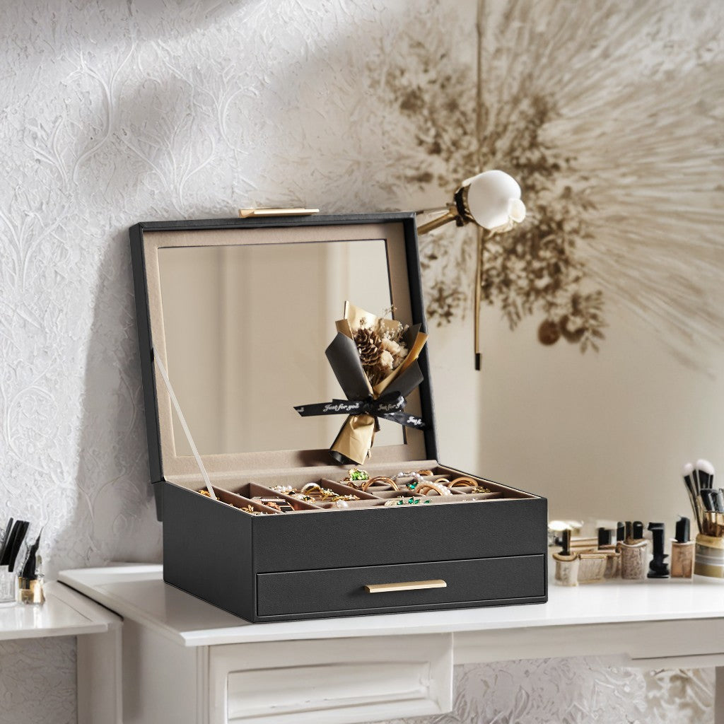 2-Tier Jewelry Organizer with Glass Lid & Drawer, Modern Velvet-Lined Storage Box for Dresser/Vanity, Graphite Black and Gold Color