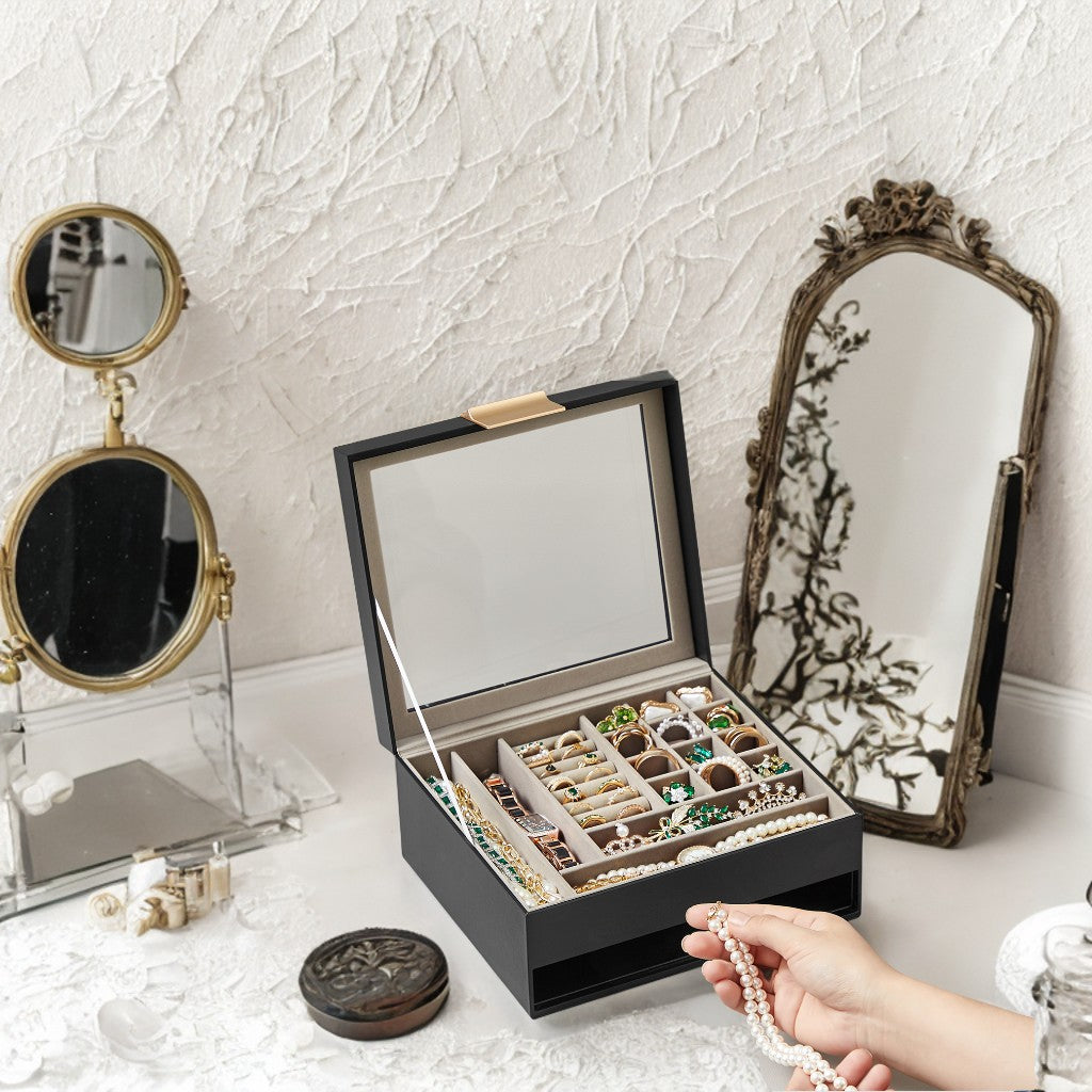2-Tier Jewelry Organizer with Glass Lid & Drawer, Modern Velvet-Lined Storage Box for Dresser/Vanity, Graphite Black and Gold Color
