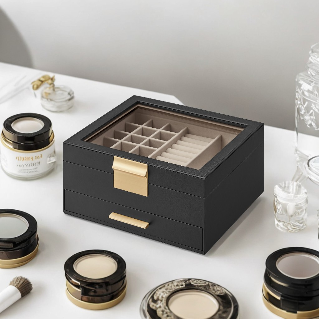 2-Tier Jewelry Organizer with Glass Lid & Drawer, Modern Velvet-Lined Storage Box for Dresser/Vanity, Graphite Black and Gold Color