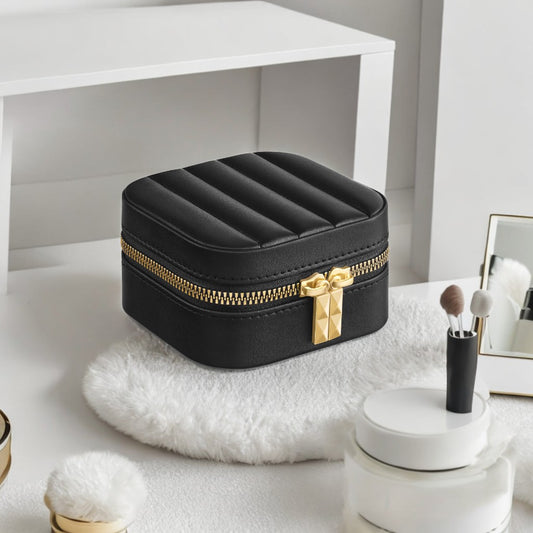 Compact Travel Jewelry Case with Mirror, Adjustable Dividers & Velvet Lining, PU Leather Organizer for Necklaces, Rings, Ink Black