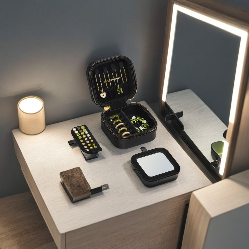 Compact Travel Jewelry Case with Mirror, Adjustable Dividers & Velvet Lining, PU Leather Organizer for Necklaces, Rings, Ink Black