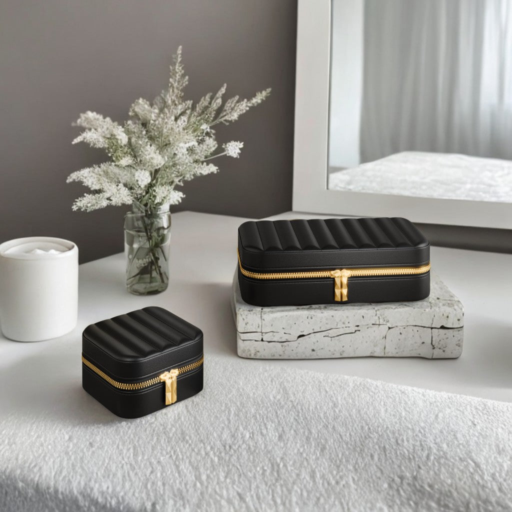 Compact Travel Jewelry Case with Mirror, Adjustable Dividers & Velvet Lining, PU Leather Organizer for Necklaces, Rings, Ink Black