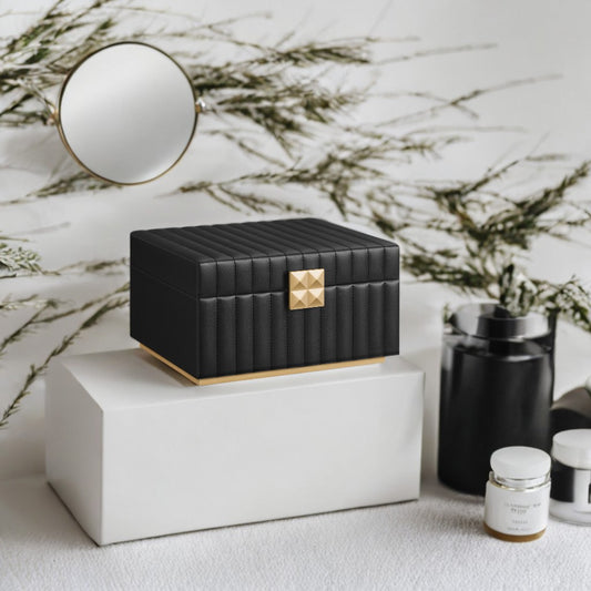 2-Tier Jewelry Box with Mirror & Removable Tray, PU Leather Organizer with Floating Base, Necklace, Earring Storage, Ink Black