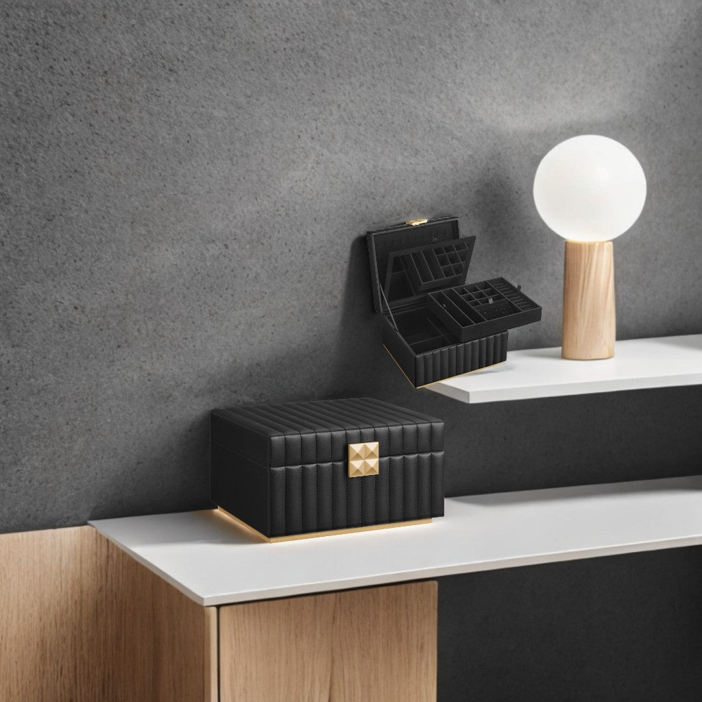 2-Tier Jewelry Box with Mirror & Removable Tray, PU Leather Organizer with Floating Base, Necklace, Earring Storage, Ink Black