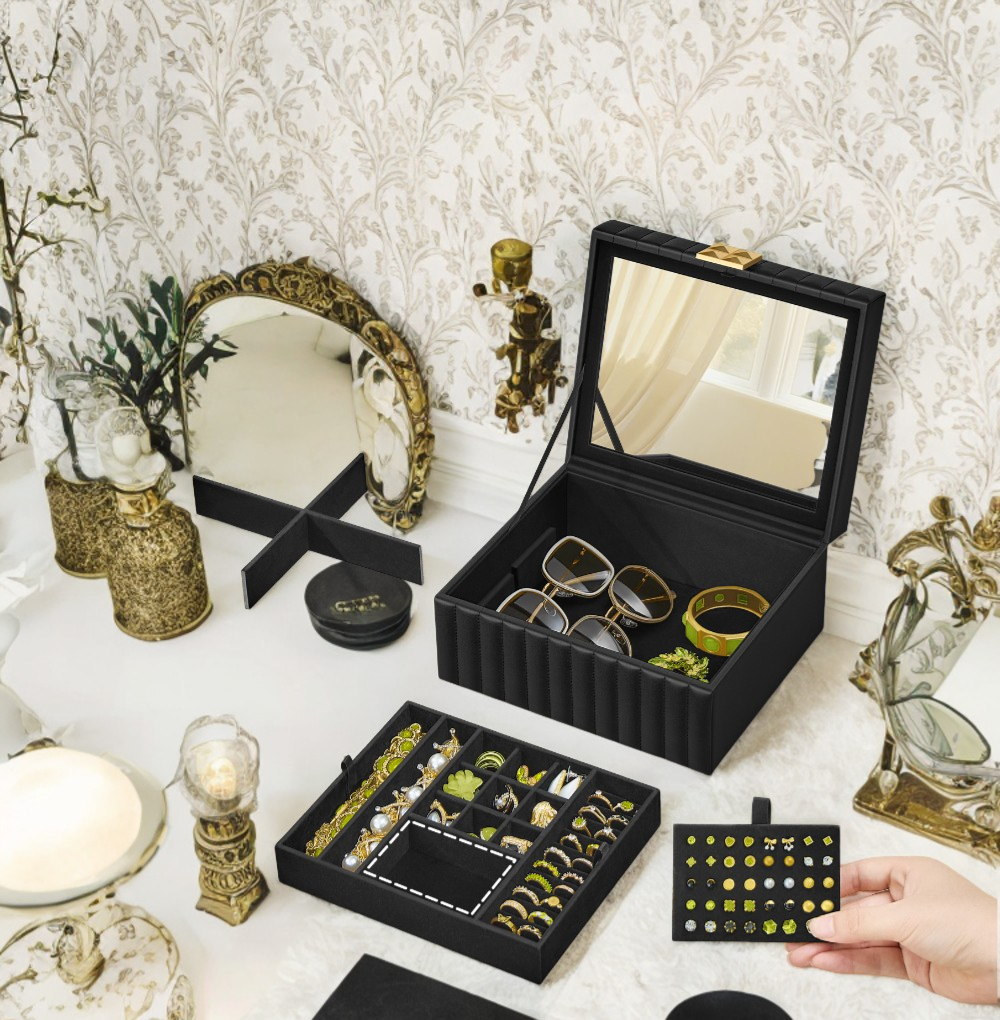 2-Tier Jewelry Box with Mirror & Removable Tray, PU Leather Organizer with Floating Base, Necklace, Earring Storage, Ink Black