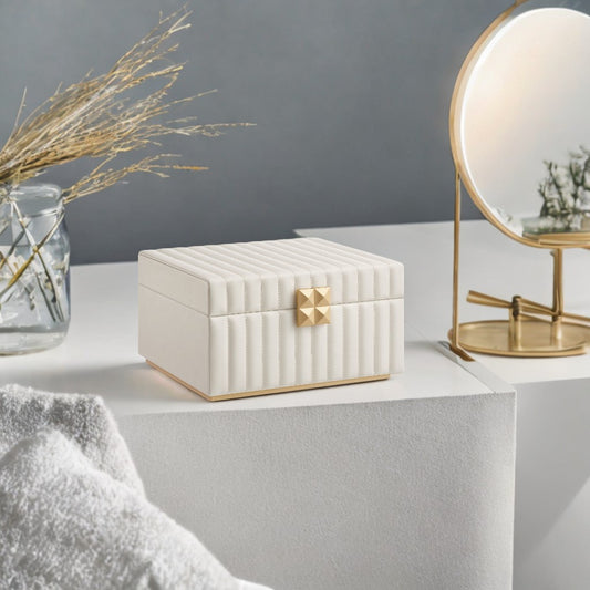 2-Tier Jewelry Organizer with Mirror & Removable Tray, PU Leather Storage Box with Floating Base, Necklace, Earring Display, Cloud White