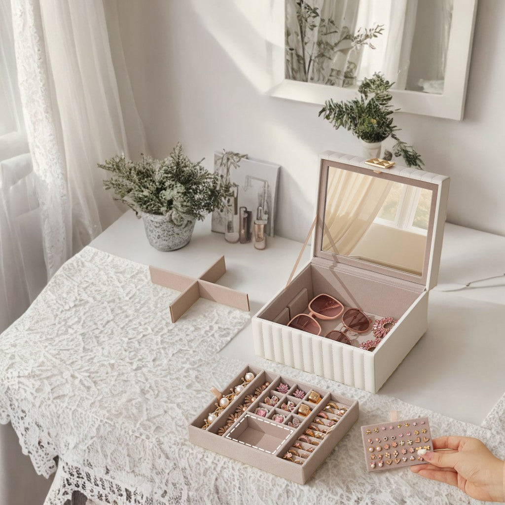 2-Tier Jewelry Organizer with Mirror & Removable Tray, PU Leather Storage Box with Floating Base, Necklace, Earring Display, Cloud White