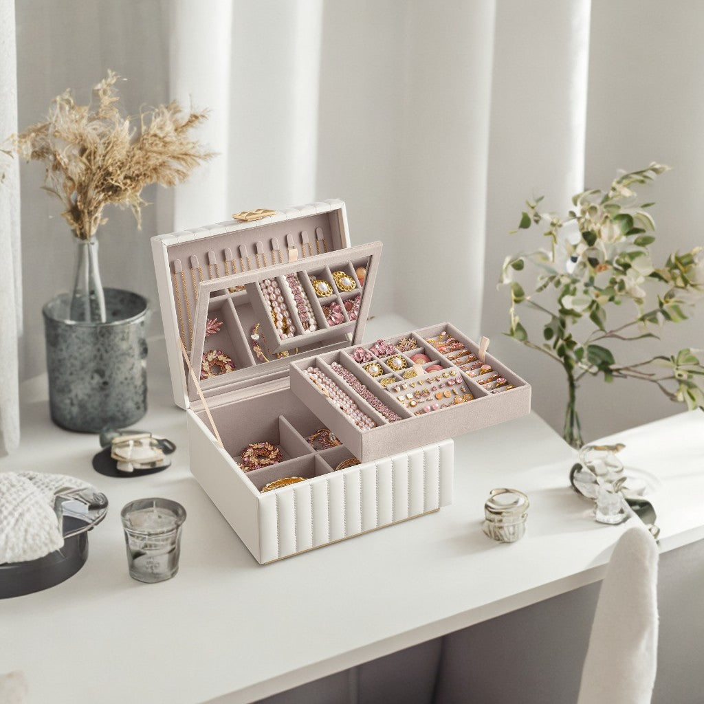 2-Tier Jewelry Organizer with Mirror & Removable Tray, PU Leather Storage Box with Floating Base, Necklace, Earring Display, Cloud White