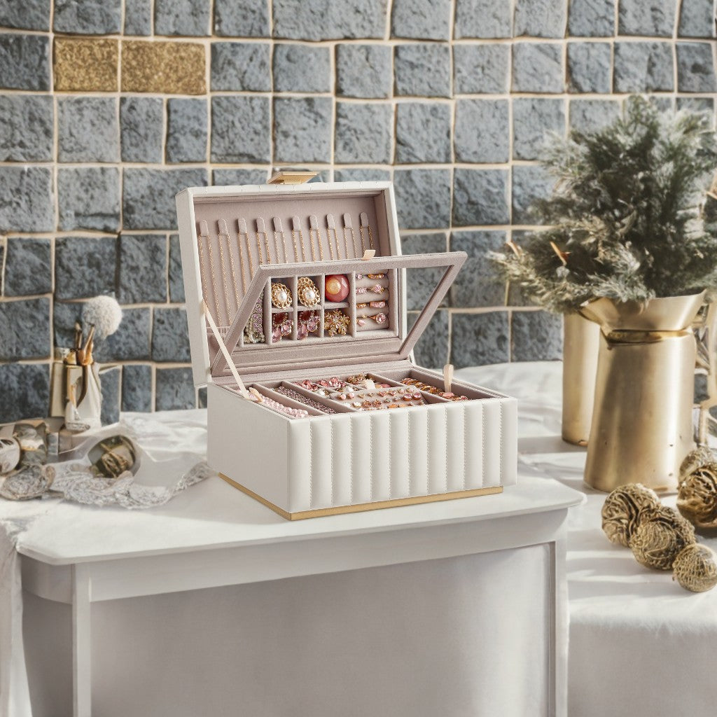 2-Tier Jewelry Organizer with Mirror & Removable Tray, PU Leather Storage Box with Floating Base, Necklace, Earring Display, Cloud White