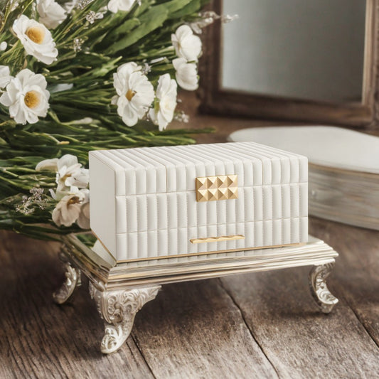 Large Jewelry Organizer with Mirror & Drawer, PU Leather Storage Box with Removable Trays, Necklace/Ring Display, Cloud White