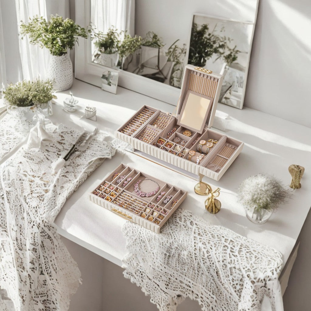 Large Jewelry Organizer with Mirror & Drawer, PU Leather Storage Box with Removable Trays, Necklace/Ring Display, Cloud White