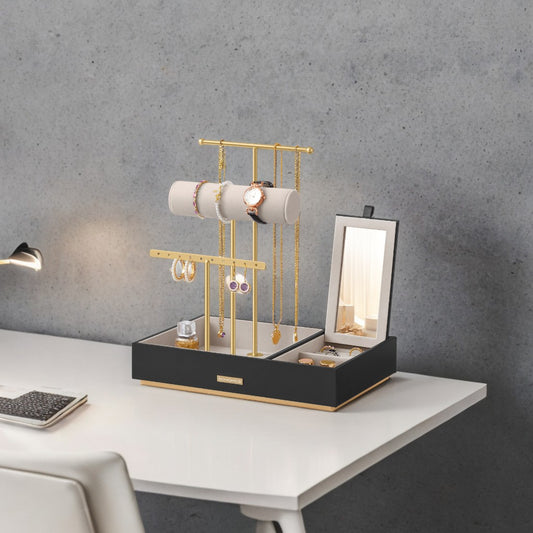 3-Tier Jewelry Display Stand with Mirror, Velvet-Lined Metal Organizer for Earrings, Necklaces, Rings, Black and Gold