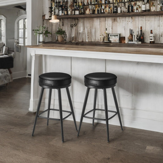 Set of 2 Swivel Bar Stools, 25.6" Counter Height, Synthetic Leather with 360° Rotation, Mid-Century Modern Design, Ink Black