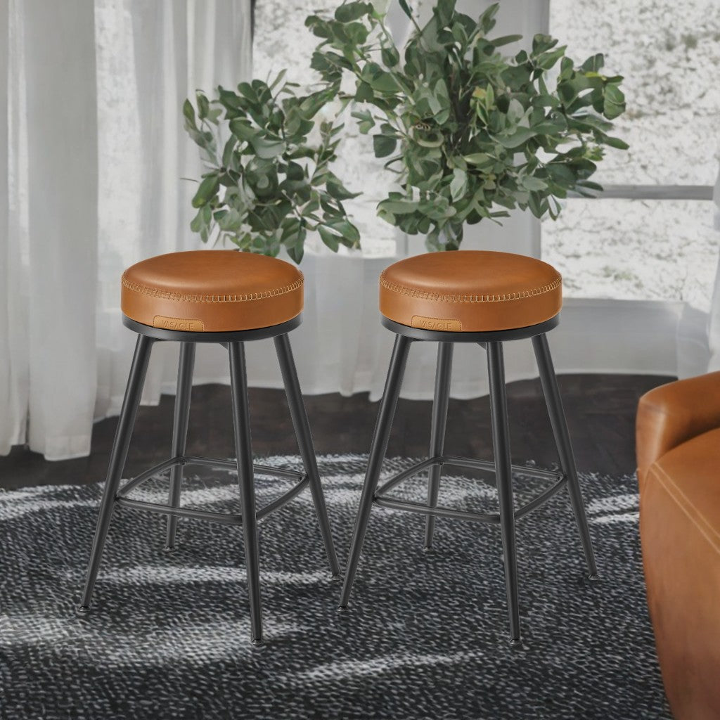 Set of 2 Swivel Bar Stools, 25.6" Counter Height, Synthetic Leather with 360° Rotation, Mid-Century Modern, Caramel Brown