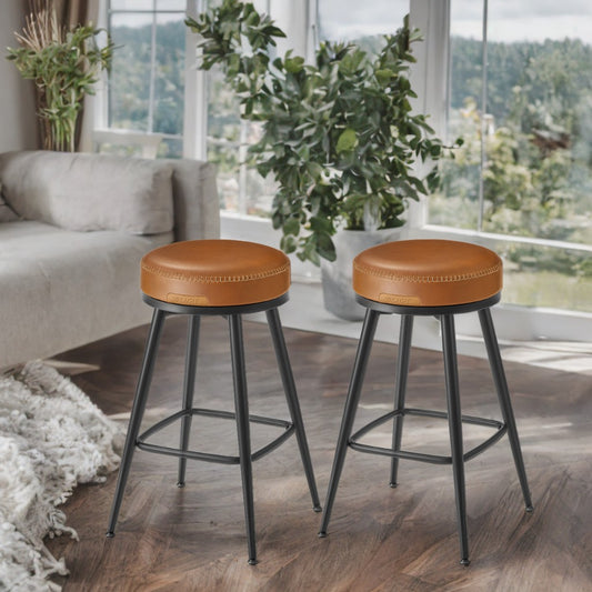 Set of 2 Swivel Bar Stools, 25.6" Counter Height, Synthetic Leather with 360° Rotation, Mid-Century Modern, Caramel Brown