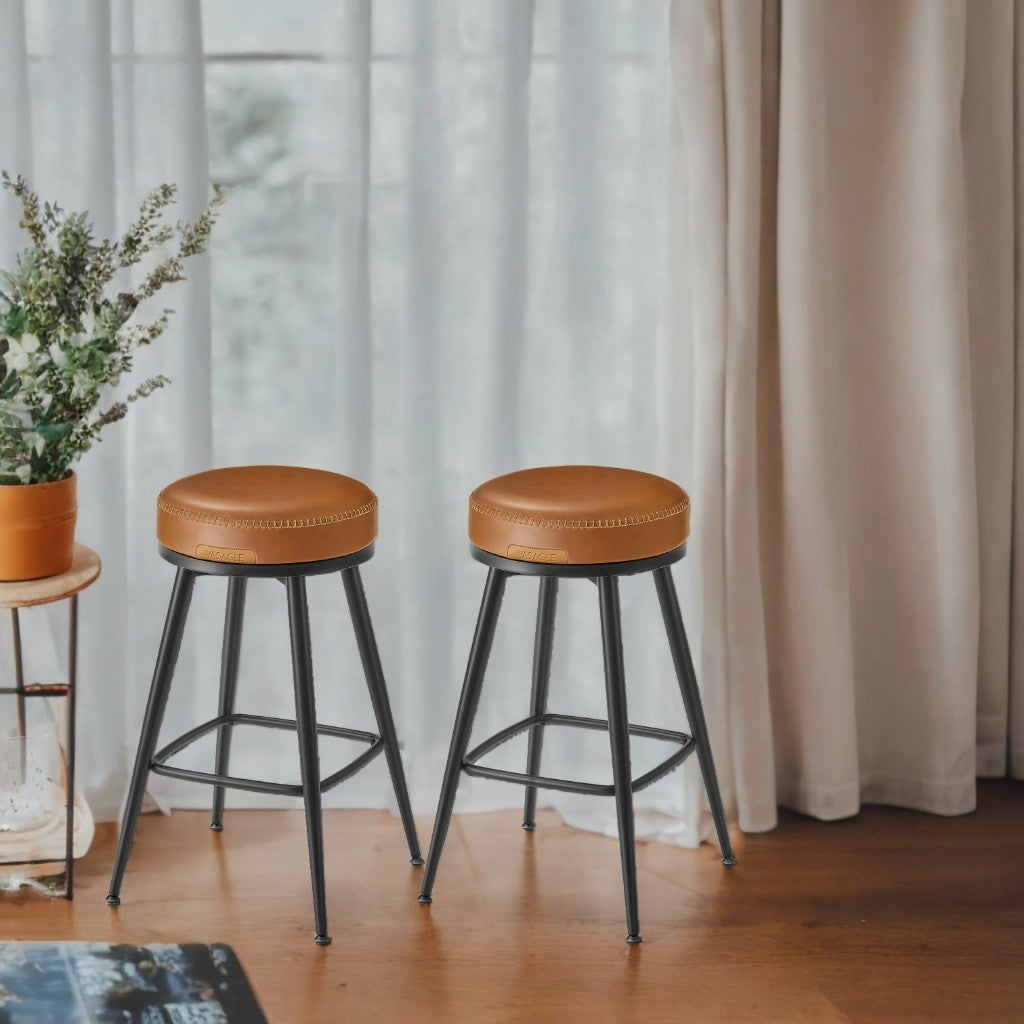 Set of 2 Swivel Bar Stools, 25.6" Counter Height, Synthetic Leather with 360° Rotation, Mid-Century Modern, Caramel Brown
