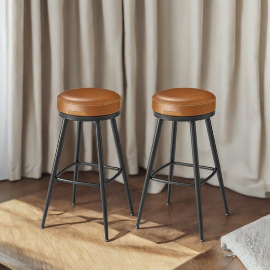Set of 2 Swivel Bar Stools, 30" Bar Height, Synthetic Leather with 360° Rotation, Mid-Century Modern Design, Caramel Brown