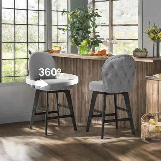 Set of 2 Swivel Bar Stools with Backrest, 26.2" Counter Height, Chenille Fabric & Wood Legs, 360° Rotation, Slate Gray