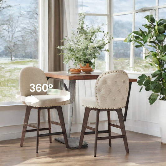 Set of 2 Swivel Bar Stools with Ergonomic Back, Chenille Fabric & Wood Legs, 26.2" Counter Height, 360° Rotation, Cappuccino Beige
