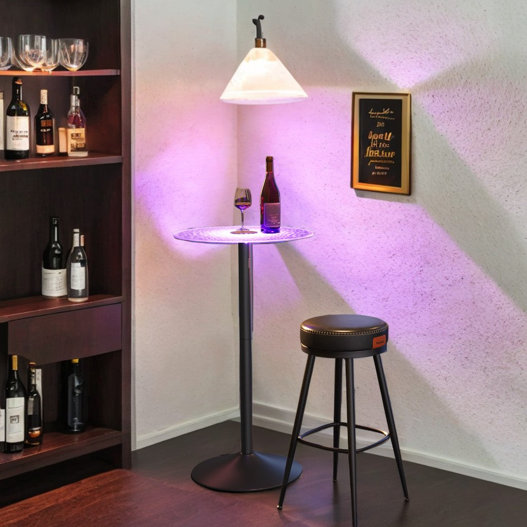 41.3" LED Cocktail Table with Glass Top, RGB Lighting & Steel Base, Multi-Color Remote Control, for Kitchen & Bar, Cloud White and Ink Black