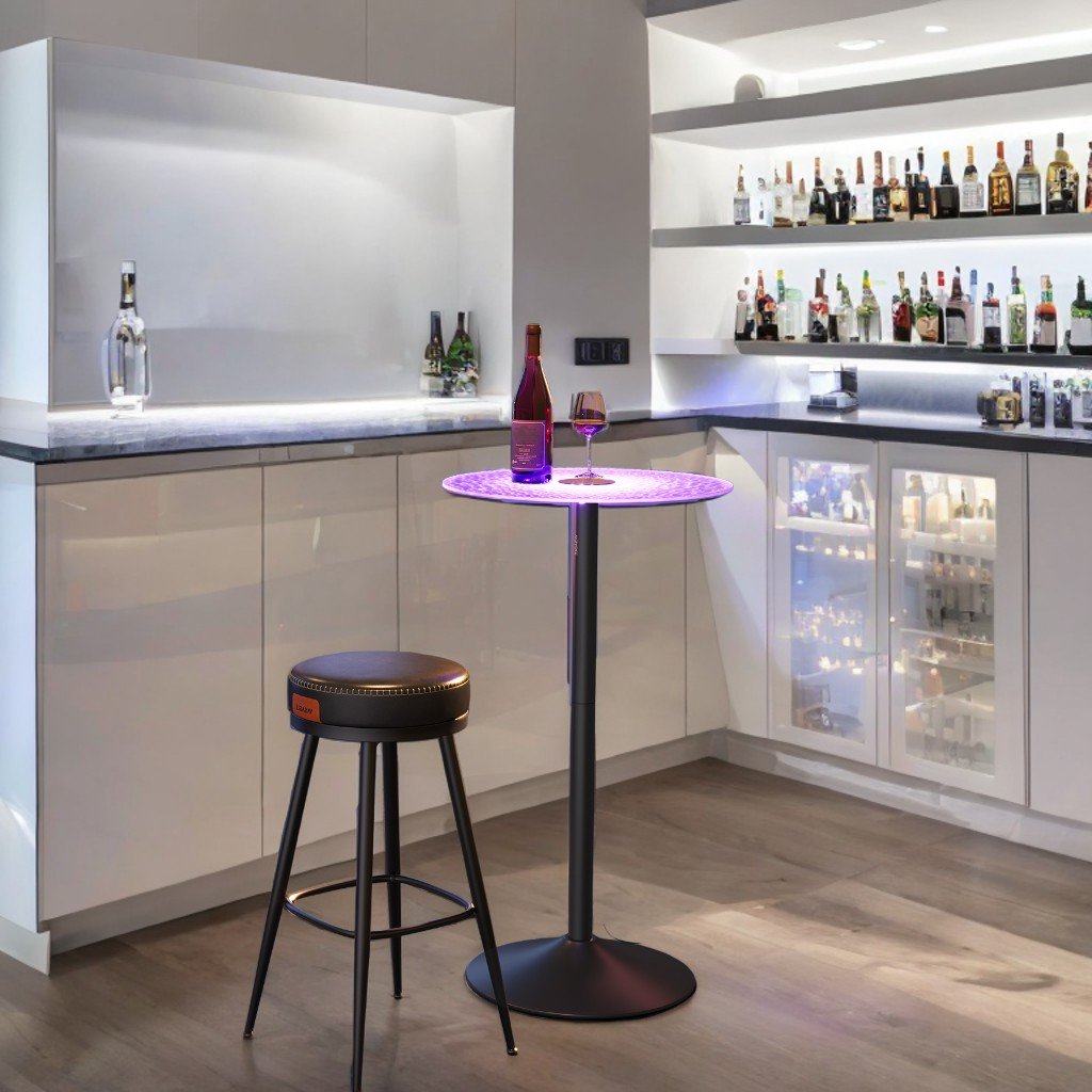 41.3" LED Cocktail Table with Glass Top, RGB Lighting & Steel Base, Multi-Color Remote Control, for Kitchen & Bar, Cloud White and Ink Black