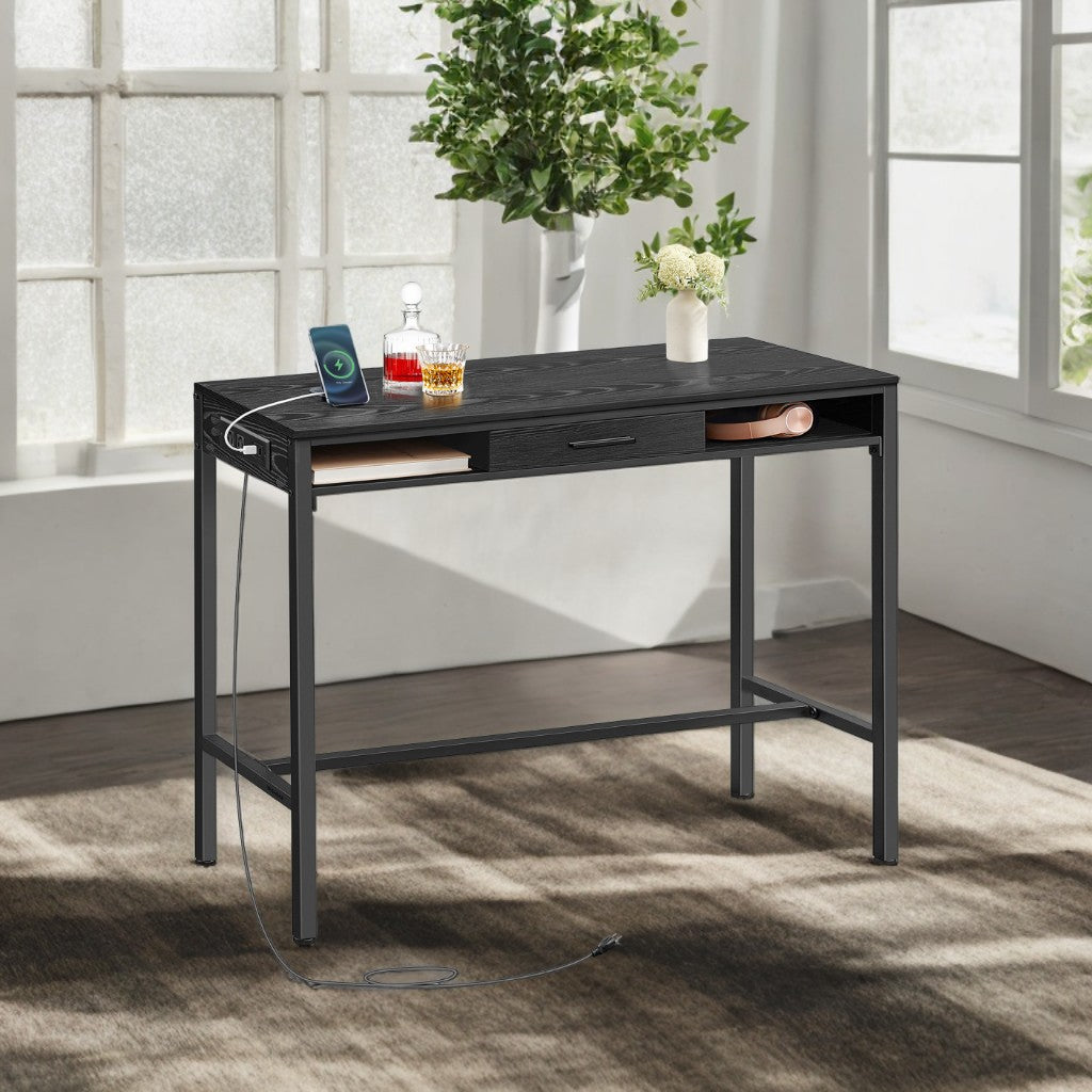 39.4" Bar Table with Power Outlets & Storage Drawer, Adjustable Height Pub Table with USB Ports & Hooks, Narrow Design, Ebony Black