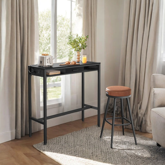 39.4" Bar Table with Power Outlets & Storage Drawer, Adjustable Height Pub Table with USB Ports & Hooks, Narrow Design, Ebony Black