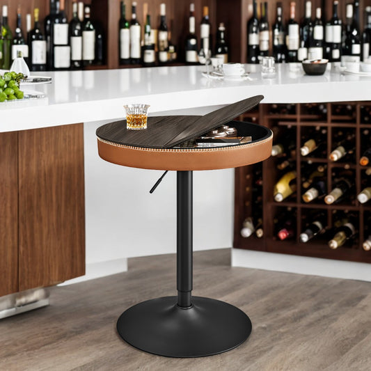 Round Bar Table - Height Adjustable (32.7"-41.3"), Mid-Century Modern Design, Hidden Storage, Synthetic Leather Top, Ash Brown and Caramel Brown