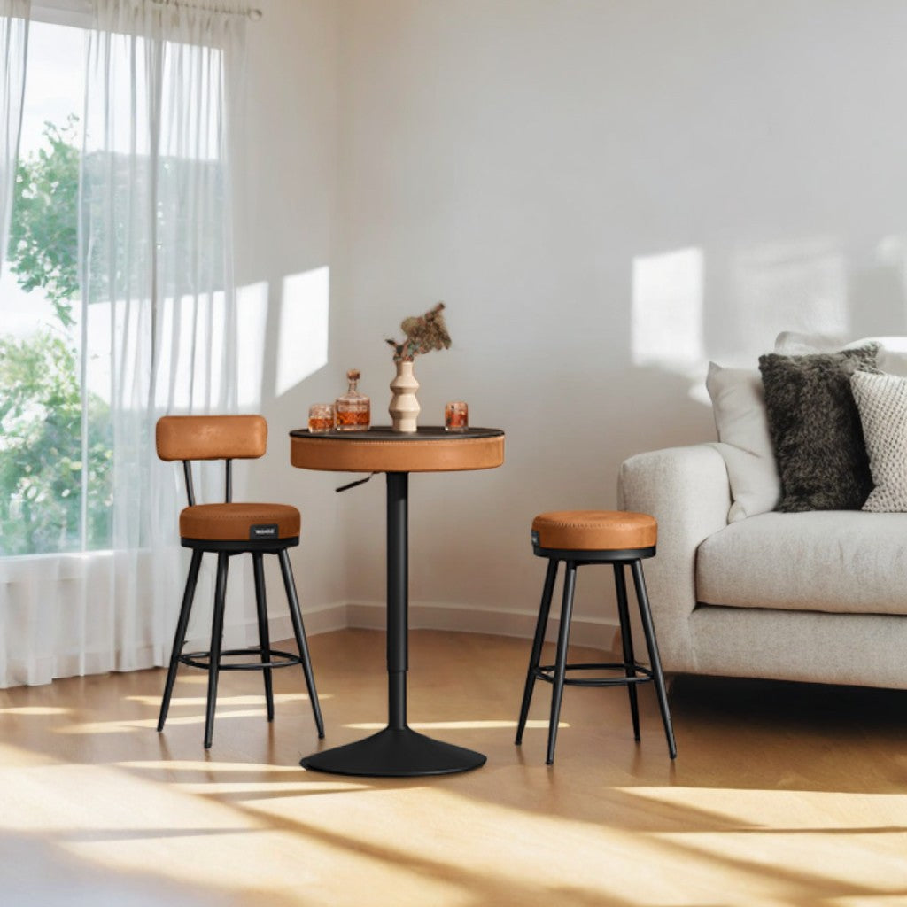 Round Bar Table - Height Adjustable (32.7"-41.3"), Mid-Century Modern Design, Hidden Storage, Synthetic Leather Top, Ash Brown and Caramel Brown