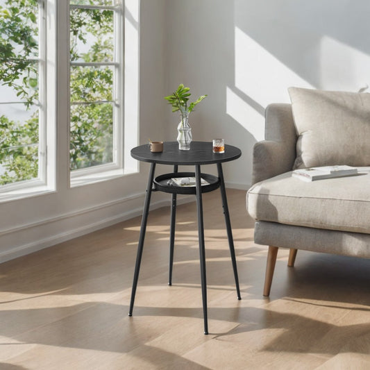 Round Bar Table with Hidden Storage, Mid-Century Modern Design, Synthetic Leather Top, Swivel Leveling Feet, Easy 4-Step Assembly, Ebony Black and Ink Black
