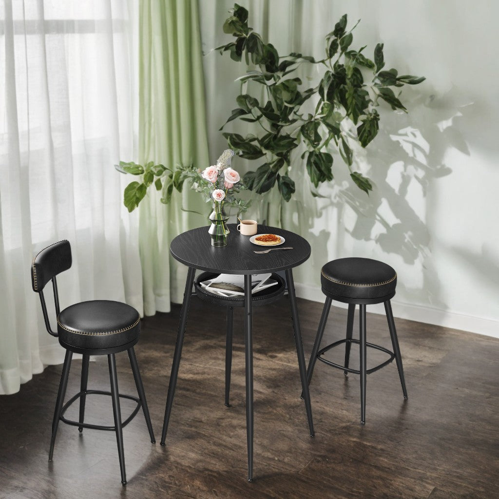 Round Bar Table with Hidden Storage, Mid-Century Modern Design, Synthetic Leather Top, Swivel Leveling Feet, Easy 4-Step Assembly, Ebony Black and Ink Black