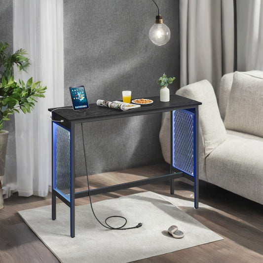 47.2'' LED Bar Table with Power Outlets & Mesh Panels, Counter Height Console Desk, Metal Frame for Kitchen/Entryway, 2-Color Lighting, Black