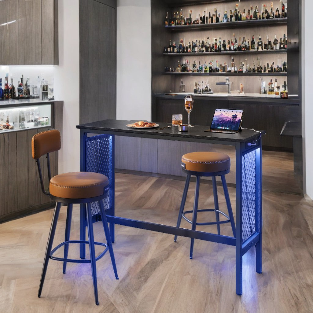 47.2'' LED Bar Table with Power Outlets & Mesh Panels, Counter Height Console Desk, Metal Frame for Kitchen/Entryway, 2-Color Lighting, Black