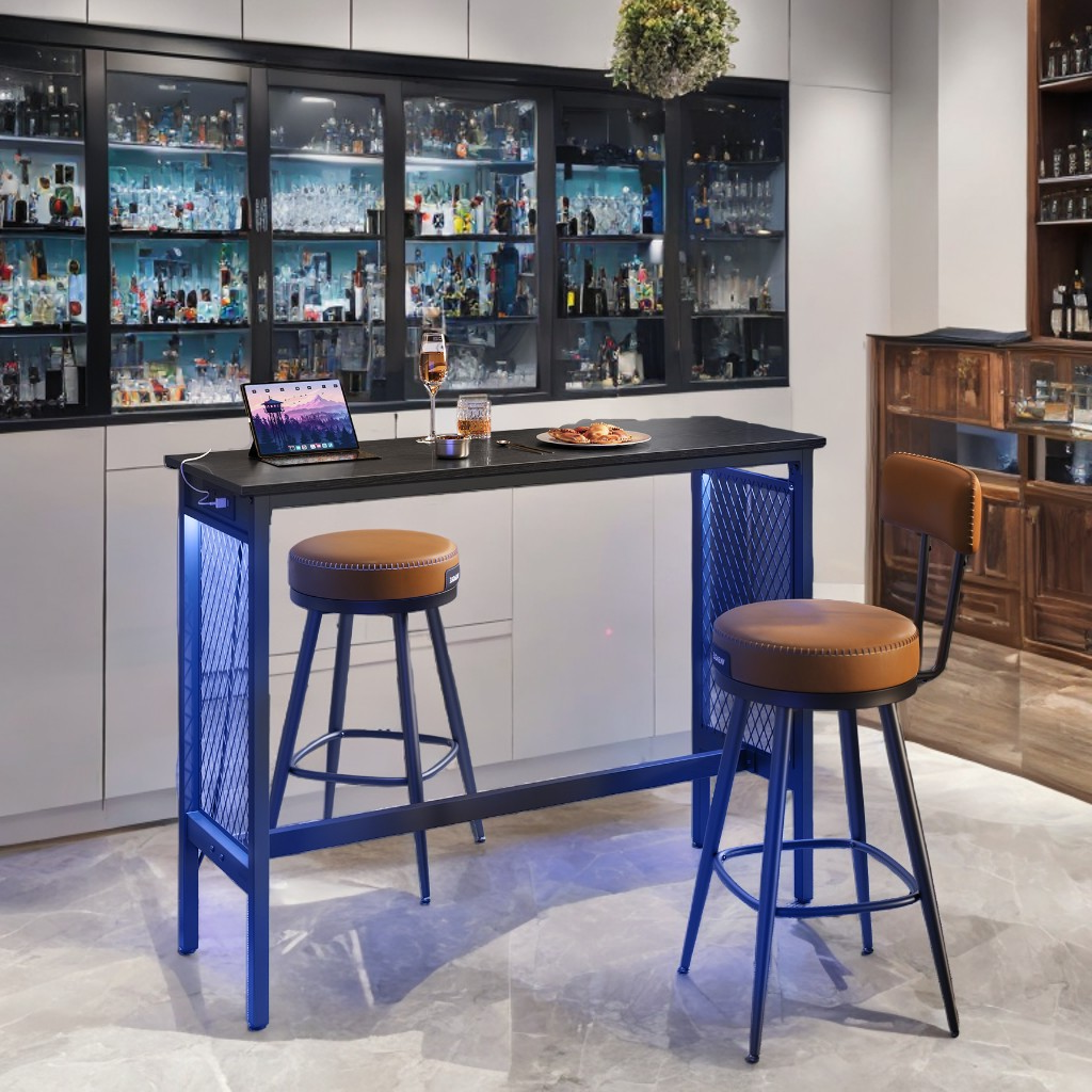 47.2'' LED Bar Table with Power Outlets & Mesh Panels, Counter Height Console Desk, Metal Frame for Kitchen/Entryway, 2-Color Lighting, Black