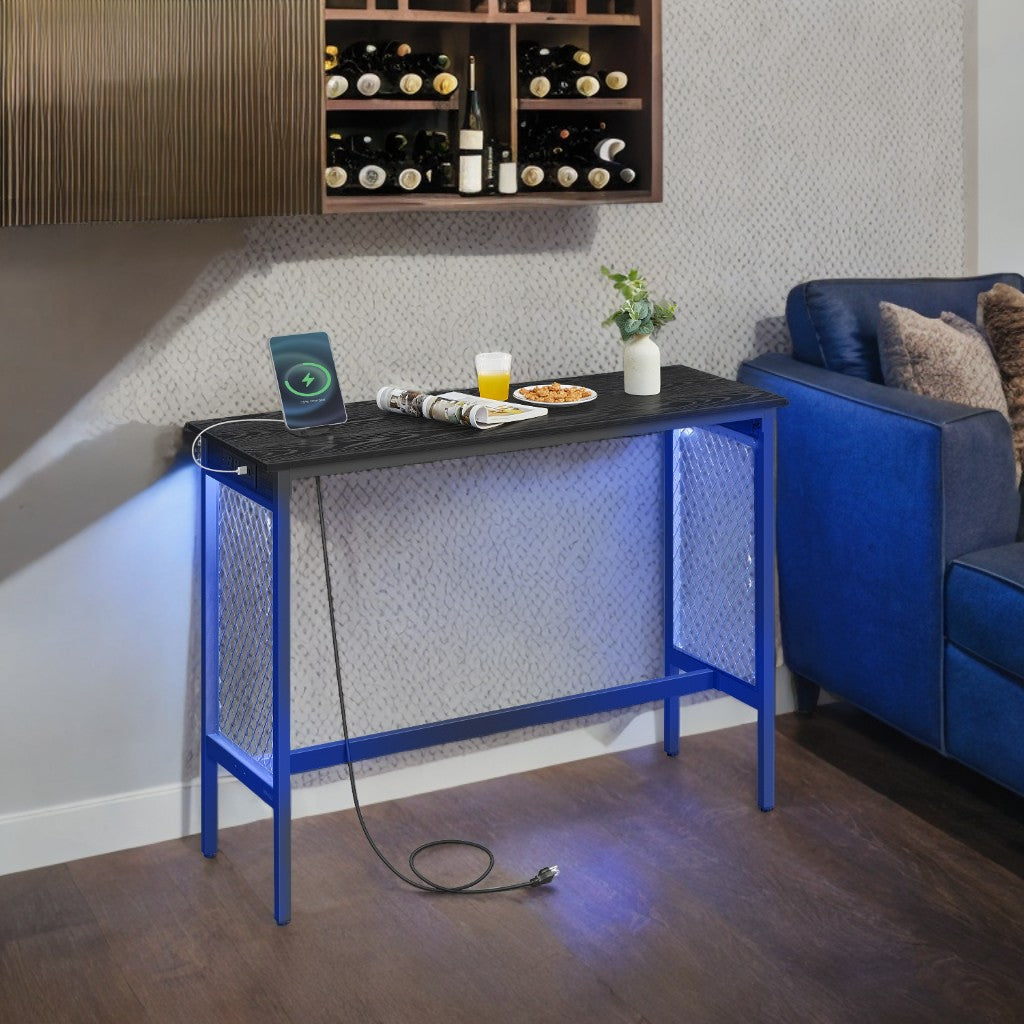 47.2'' LED Bar Table with Power Outlets & Mesh Panels, Counter Height Console Desk, Metal Frame for Kitchen/Entryway, 2-Color Lighting, Black