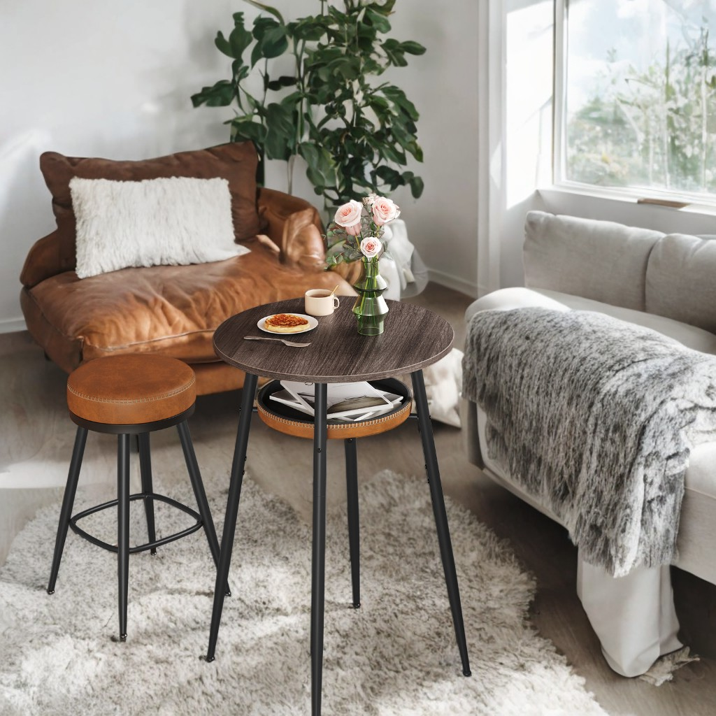 Round Bar Table with Hidden Storage, Adjustable Leveling Feet, Mid-Century Modern Design, Easy 4-Step Assembly, Ash Brown and Caramel Brown