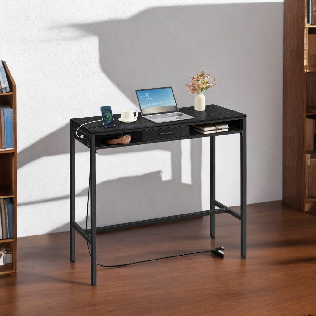 47.2" Power Bar Table with USB Charging Station, Removable Storage Drawer & Adjustable Feet, Multi-Functional for Kitchen/Office, Ebony Black