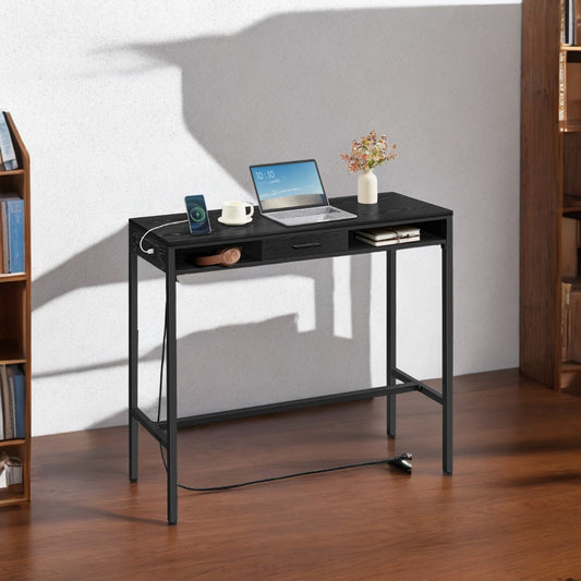47.2" Power Bar Table with USB Charging Station, Removable Storage Drawer & Adjustable Feet, Multi-Functional for Kitchen/Office, Ebony Black