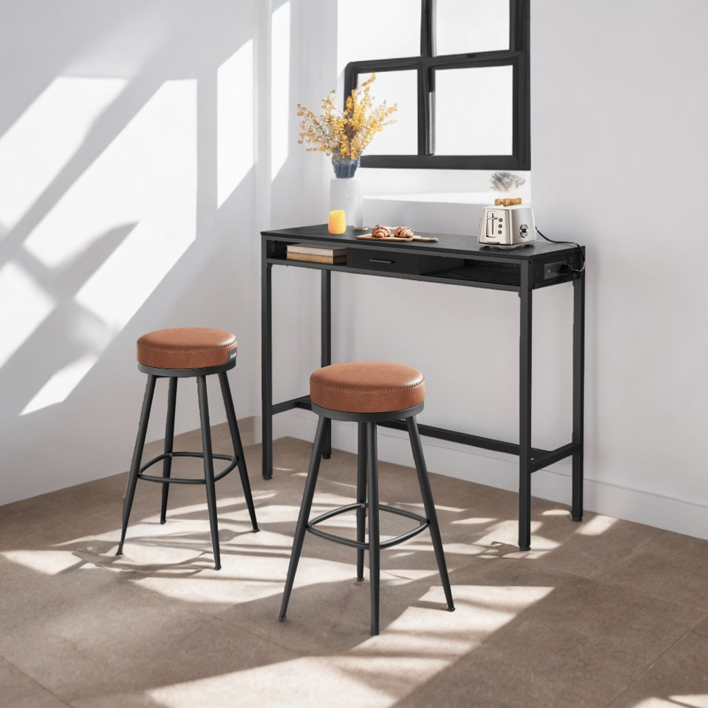47.2" Power Bar Table with USB Charging Station, Removable Storage Drawer & Adjustable Feet, Multi-Functional for Kitchen/Office, Ebony Black