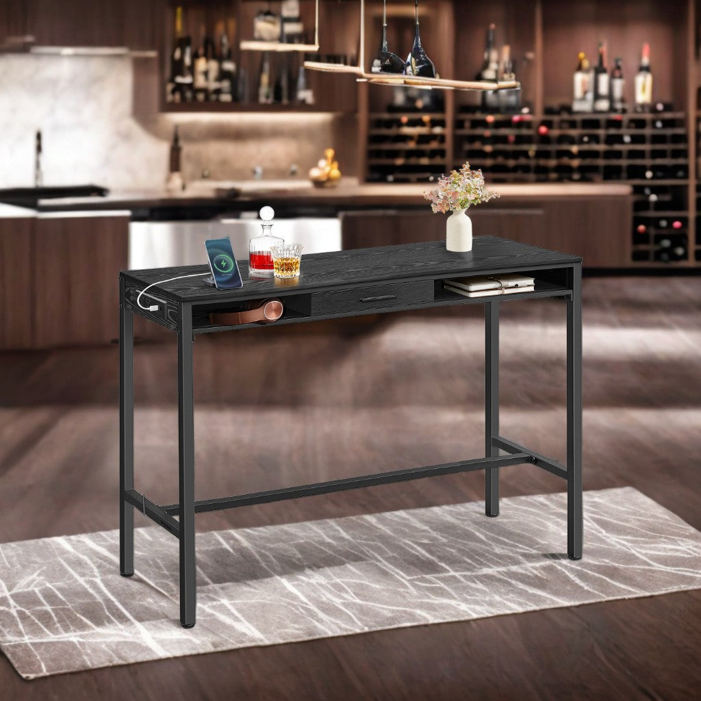 47.2" Power Bar Table with USB Charging Station, Removable Storage Drawer & Adjustable Feet, Multi-Functional for Kitchen/Office, Ebony Black