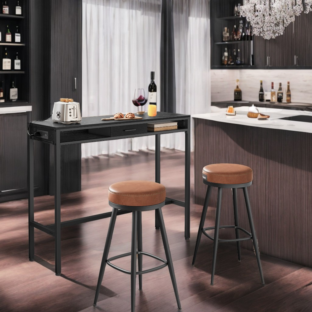 47.2" Power Bar Table with USB Charging Station, Removable Storage Drawer & Adjustable Feet, Multi-Functional for Kitchen/Office, Ebony Black